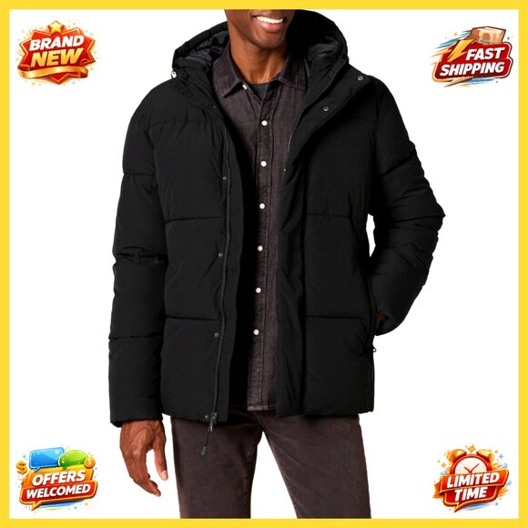 Men's Mid-Length Hooded Puffer Coat Relaxed Fit Water-Resistant
